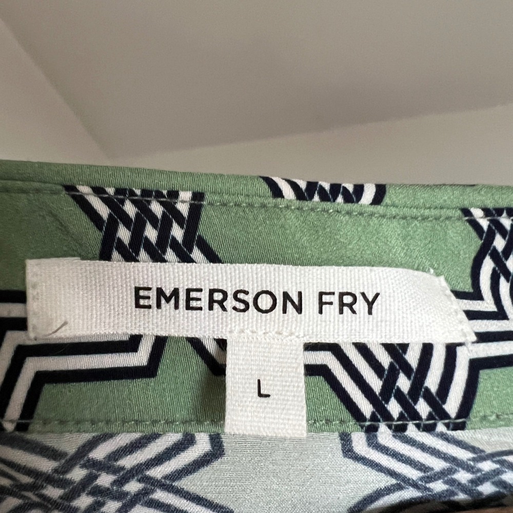 Emerson Fry Blouse Large Green Geometric Trellis Tie Neck Bow Button Down Top - Picture 4 of 6